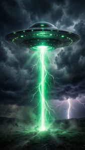 一個發光的綠色UFO在暴風雨中向地球發射閃電。