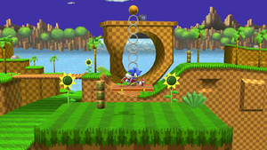 Sonic the Hedgehog 喺一個綠色平台上奔跑，平台上有向日葵同格仔背景。 — 超音鼠 壁紙