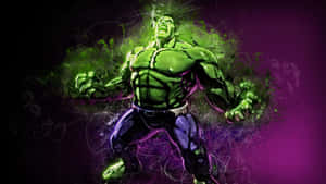綠色變形俠醫（Hulk）在紫色背景上，伴隨著發光的飛濺，充滿能量地咆哮。 — 浩克 壁紙