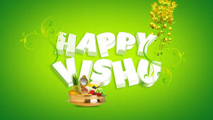 在綠色背景上以水果和花朵表達的快樂Vishu祝福