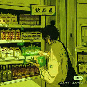 夜晚在霓虹綠色便利店瀏覽飲品的人。 — 靚靚動畫 壁紙