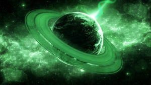 在星雲中發光帶有光環的綠色行星