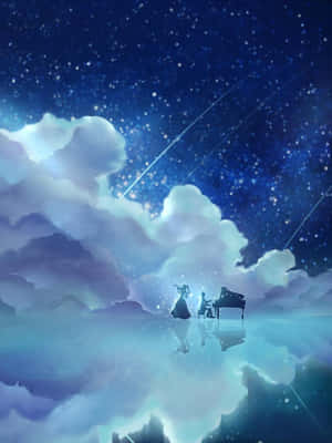兩位音樂家在星空下浮雲上彈奏鋼琴和小提琴。