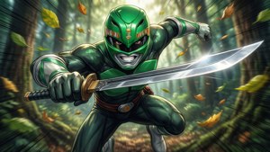 綠色裝甲戰士在秋林中揮劍