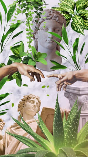 古典雕像與鮮綠植物的超現實拼貼。