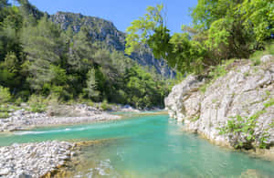 一條清澈的藍綠色河流蜿蜒穿過岩石峽谷，兩旁有綠樹和山脈，在明亮的藍天下。