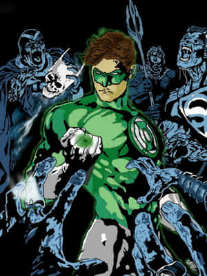 綠燈俠在漫畫風格的戰鬥場景中對抗藍皮膚的敵人。 — 最黑暗地牢 壁紙