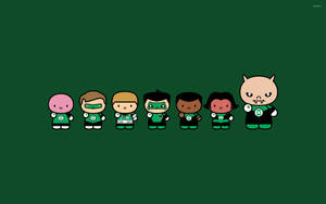 七個Q版綠燈俠角色在深綠色背景上排成一線。