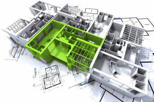 帶有綠色核心的3D建築模型，在藍圖上