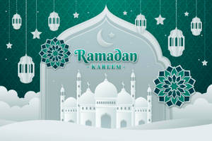 Ramadan Kareem 問候，包含清真寺、燈籠和星星，背景為青綠色圖案。 — 齋戒月 壁紙