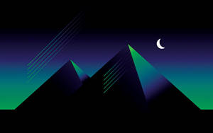 彎月下黑暗夜空中的霓虹綠幾何形狀山脈。