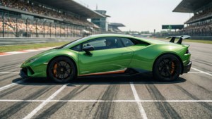 一輛綠色林寶堅尼 Huracán Performante 在賽道上，背景有觀眾。