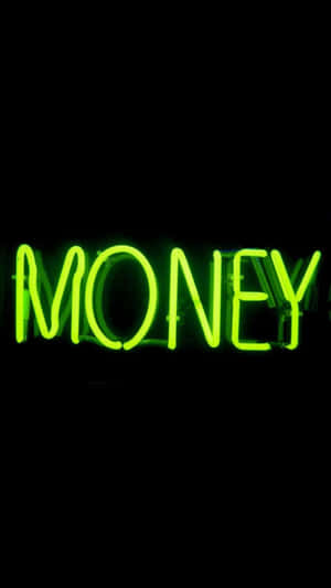 霓虹燈牌在黑色背景上以亮綠色顯示money
