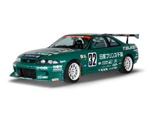 帶有贊助商標誌和32號的綠色日產Skyline GT-R賽車。