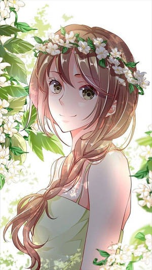 戴花冠的動漫女孩在綠葉中微笑