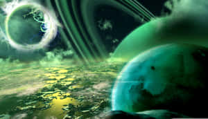一顆發光的外星行星懸浮在一個超現實的綠色景觀之上，有浮空大陸。 — 太空 壁紙