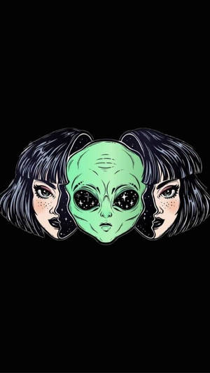 綠色外星人頭部，帶有星形眼睛，兩側是兩個相同的深色波波頭人臉。 — 異鄉人 GIF 壁紙