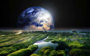 一顆發光的地球懸掛在茂密的苔蘚地形之上，河流在星空下流淌。 — 地球 壁紙