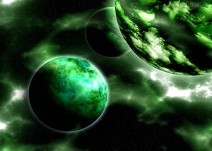 三顆發光的綠色行星在帶有星星的宇宙星雲中