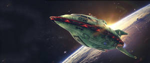 一艘綠色太空船帶有紅燈，在宇宙日落期間繞著一顆行星運行。