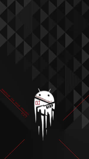 白色Android吉祥物在黑色幾何背景上滴落，帶有紅色文字。