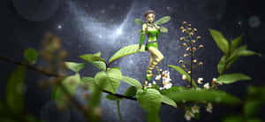 一隻綠翼仙子坐在樹葉茂密的樹枝上，在星光閃爍的夜空下。