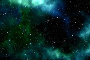 在深空中，青綠色和藍色星雲在無數恆星間發光。