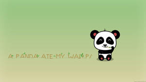 可愛的卡通熊貓拿著竹子，綠色背景上寫著「A PANDA ATE MY WALLPAPER」。