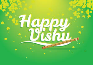 綠色背景上帶有笛子和葉子裝飾的Happy Vishu祝福