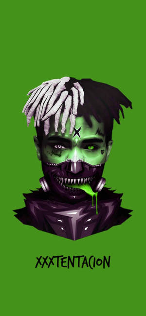 XXXTENTACION 的肖像，帶有發光的綠色皮膚和鋒利的牙齒。 — 淺綠色美學動態圖 壁紙