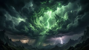 戲劇性的綠色閃電照亮了崎嶇山脈上方的黑暗風暴雲。 — 龍騰世紀：審判 壁紙