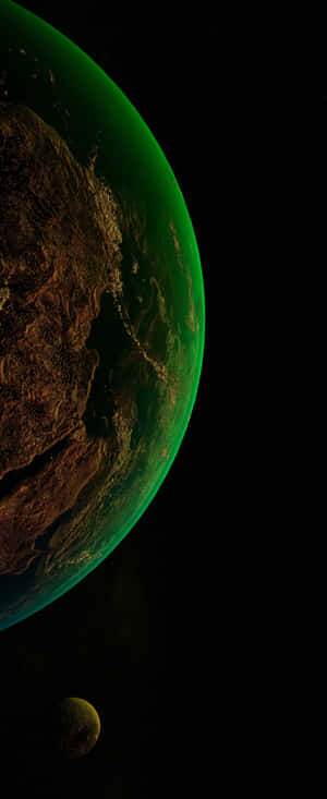 一顆綠色調的外星行星，在黑暗的宇宙中有一顆小衛星。 — 淺綠色美學動態圖 壁紙