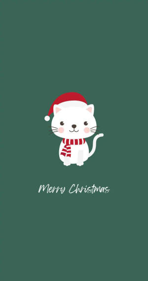 白色卡通貓咪戴聖誕帽和圍巾，綠色背景上有Merry Christmas文字