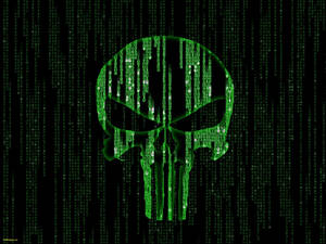 綠色 Punisher 頭骨由黑色背景上落下的數字代碼形成