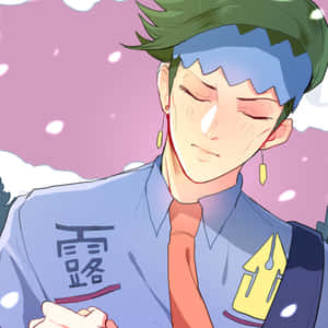 綠色頭髮、藍色頭帶的動漫男孩在飄落的櫻花下微笑。 — iPad Air 13 壁紙
