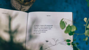 打開的書，詩歌被綠色樹葉和陶瓷花盆環繞，放在藍色表面上。