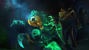 奇幻戰士手持發光綠色武器，被幽靈頭骨包圍在黑暗迷霧中。