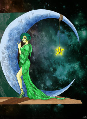身穿綠色長裙的女性在新月旁，在太空中手持發光的星星。 — 唯美月亮動圖 壁紙