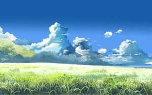 陽光照耀的草地，藍天白雲，雲朵散落