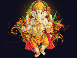 象神 Lord Ganesha 身著華麗金色服飾，在深色背景上呈現鮮豔的花卉漩渦。