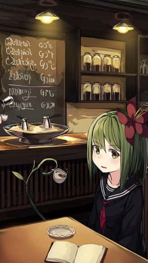 綠髮動漫女孩穿著水手服，在舒適的咖啡桌旁看書。