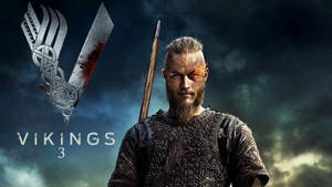 維京戰士手持血劍，在暴風雨天空和Vikings 3標誌下