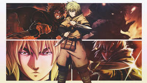 動漫角色在火焰爆炸和黑暗陰影中持劍戰鬥。 — Vinland Saga GIF 壁紙