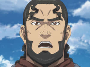 憤怒的動漫男子，辮子頭髮和鬍鬚，對著藍天大喊。
