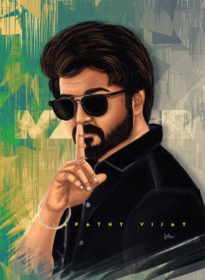 Thalapathy Vijay 戴著太陽眼鏡，在抽象城市背景下將手指放在嘴唇上。