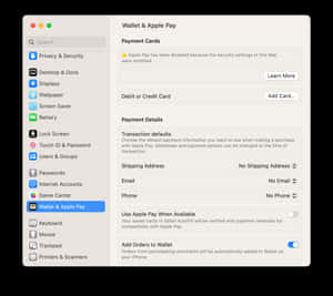 Mac 系統偏好設定視窗（Wallet 和 Apple Pay）中 Apple Pay 已停用。