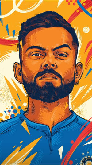 板球運動員維拉特·科利（Virat Kohli）身穿藍色球衣，在色彩繽紛的抽象背景下的風格化插圖。