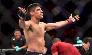 MMA拳手在八角籠內高舉雙臂慶祝勝利。
