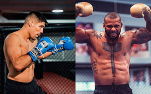 兩名男性MMA拳手在籠中，一人擺出防守姿勢，另一人展示紋身。