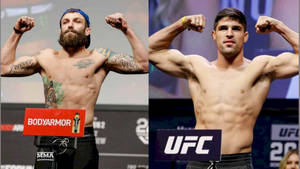 兩名赤膊的男性MMA拳手在UFC體重磅上展示二頭肌。